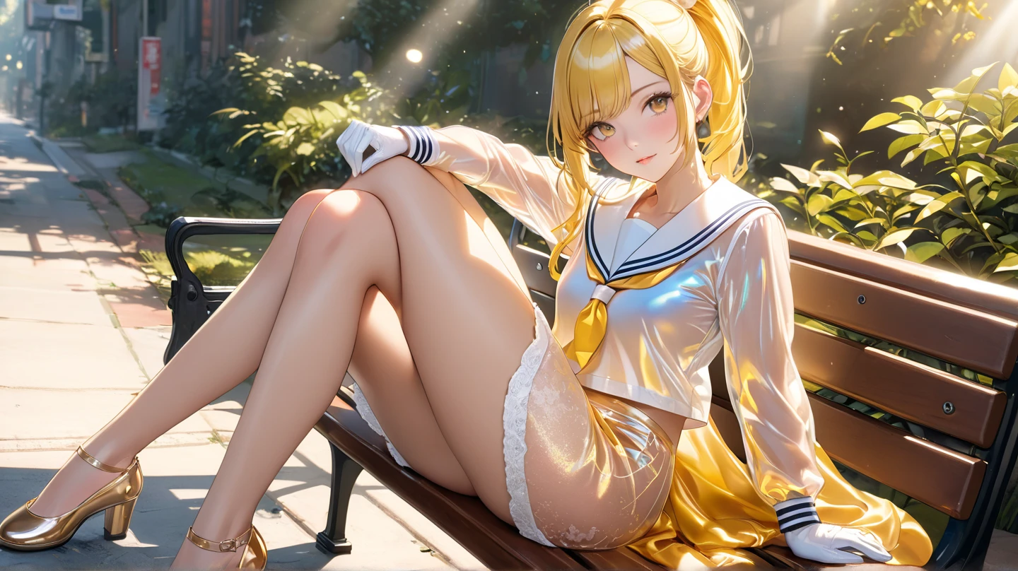 (highest quality:1.1), (masterpiece:1.4), (absurd:1.0), Portrait, Close-up, 1, sailor Marie rose, right blonde hair, Nsfw,, middle breasts,slim body, small hip, aqua eye, blonde hair, sailor warrior uniform, sailor collar, chest bow, yellow ribbon, charming skirt, white elbow gloves, by the pool, (blush:1.2), looking at the viewer, erect nipples、show off panties、super mini skirt、dynamic pose、(Downから見る:1.2)、camel toe.between legs、belly button、spread your legs.NSFW、Down
