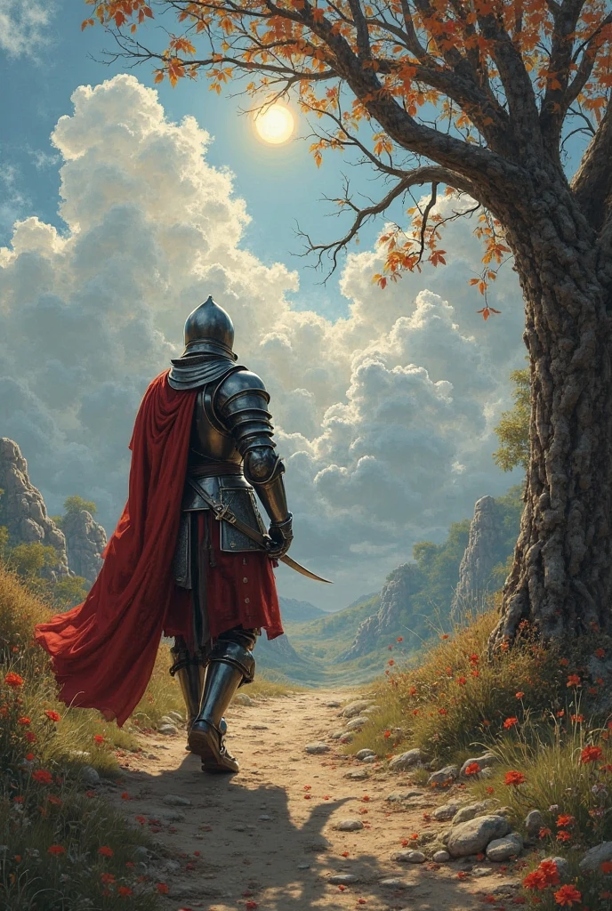 Medieval knight in armor walking without a horse, Half-back perspective from the rider's side, fantastic medieval scenery, Clear and clear skies, sol, pedras, trees, High resolution, detalhado, photorealistic, oil painting, dark tones,mysticism,Fantasy painting,4k,hdr
