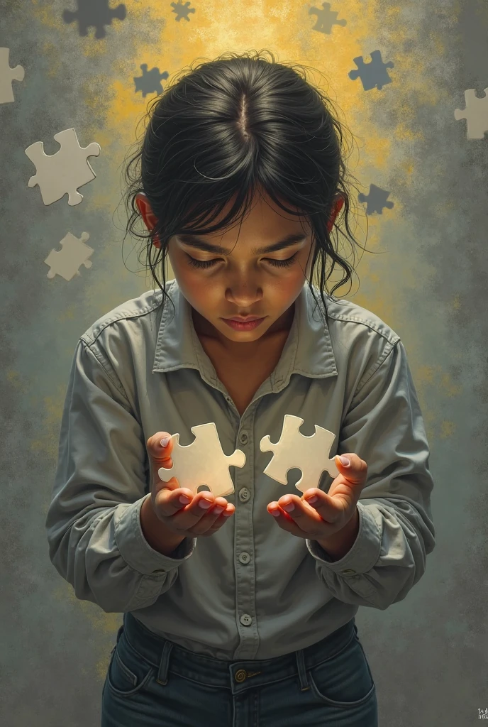 A person holding an incomplete puzzle with pieces that represent emotions (sadness, happiness, ). Background in gray and yellow tones to show contrast between confusion and hope.