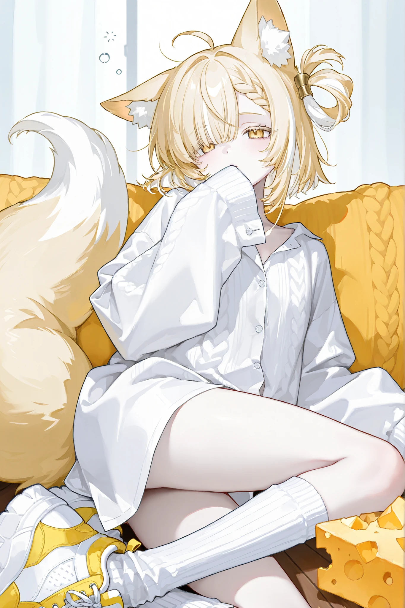 1 girl, sleepy face, cute, pale skin, ((one Braided bangs)), single hair ring, cowlick, white hair, blonde Secret Two Tones hair, short hair, glod eyes, fox ears and tail, dressshirt, ((knit)), loose kneesocks, sneakers, Cheddar cheese, very long sleeves, sleeves past fingers