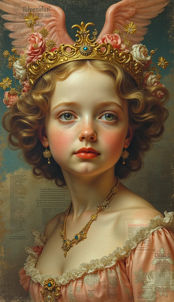 Baroque retro collage: 17th-century oil painting faces layered onto vacuum cleaner ads, golden cherubs pasted into 1950s car manuals, Latin script scrawled over radio flyers, lace textures mixed with modern absurdity—Flux, UHD, ornate and chaotic, surreal antique clash