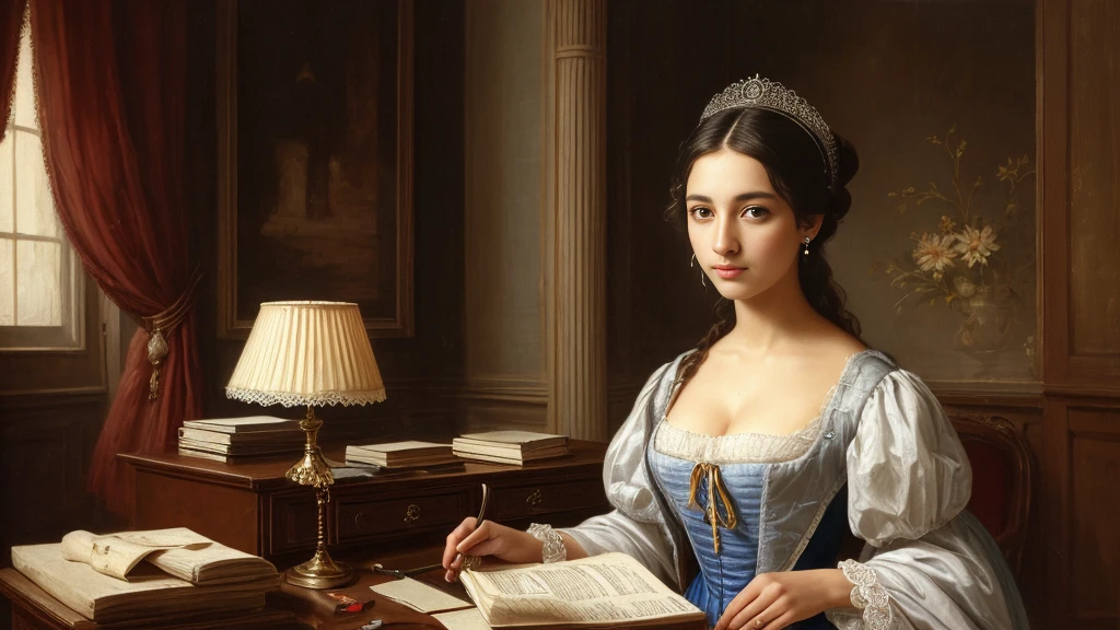 masterpiece, best quality, detailed, highly detailed, ultra detailed, extremely detailed CG, high resolution. 8K, unity 8k wallpaper, beautiful,
beautiful mechanics, super detailed skin, detailed beautiful eyes, detailed beautiful face, detailed beautiful face and eyes, very detailed background, highly detailed background, elaborately designed clothes,

BREAK composition,
girl, solo, upper quarter of the frame is mostly background, face positioned in lower half,

BREAK painting style,
realistic style, photo,

BREAK person,
18th century France, young, beautiful woman, intellectual vibe, noble posture,

BREAK facial expression,
slight smile, curious eyes,

BREAK behavior,
holding a small stack of banknotes, looking at them with intrigue,

BREAK clothing,
18th century French formal dress, subtle embroidery,

BREAK background,
old-style banking hall, large wooden desk, documents scattered,
