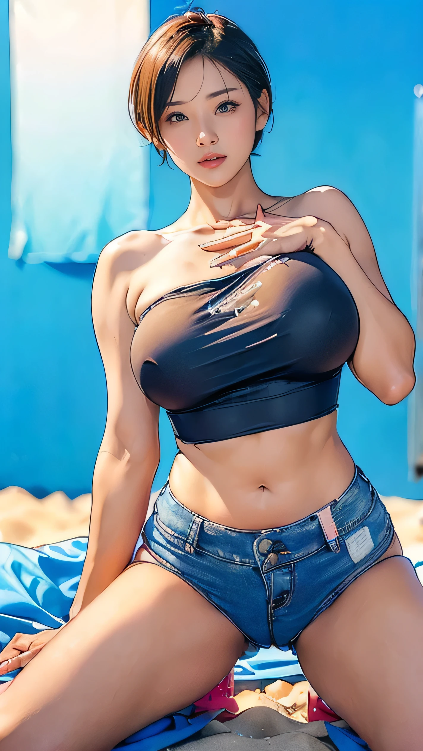 Sakura Haruno, milf, mujer mayor, cabello rosa, blusa corta, blusa levantada, brassier visible, (( jeans, jeans flojos, jeans bajados, tanga visible , thong blue, ruborizada, sonrisa, feliz, oiled skin)), short hair, pink hair, (( arms behind the back )), ((arms behind the back )), Curvy body, ((, gigantic sagging breast, exhibicionismo, jeans down)) , exhibicionista , piernas largas, piernas abiertas , abs , muscle, Iparuputsua, squat, en la playa de noche, luces de ciudad a lo lejos, Cancun .