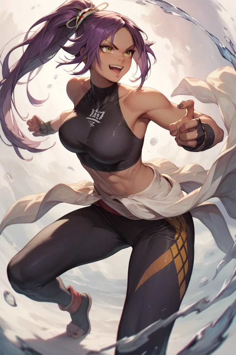 masterpiece, best quality, highres, thrjuri, multicolored hair, purple eyes, black pants, standing, cowboy shot, evil grin,