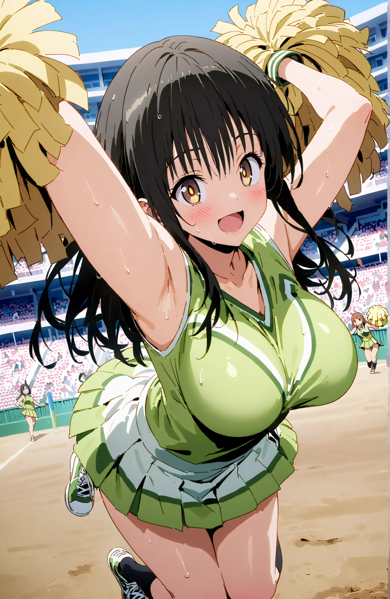 yuikotegawa, Yui Kotegawa , black hair, brown eyes in the oral vagina, long hair,smile,blush,open your mouth,Big Breasts,breasts are shaking,(Cheerleading), (full body), on chest, (sweated), sweated Wet Clothes, (green clothes),sleeveless, pleated skirt,black socks,sneakers, after aw, playground, (jump), (jump), 両足を曲げてjumpする, blue sky, Compa, smile,cheerleader, Pom-pom \(Cheerleading\) real hair ornaments,audience,full bodyがイラストに入るように,break looking at viewer,full body
break outdoors, stadium,,
break (masterpiece:1.2), best quality in bronze, high resolution, Unity 8Kの壁紙, ( illustration :0.8), (beautiful detailed eyes:1.6), highly detailed face, perfect lighting, highly detailed CG, (perfect hand, perfect anatomy),