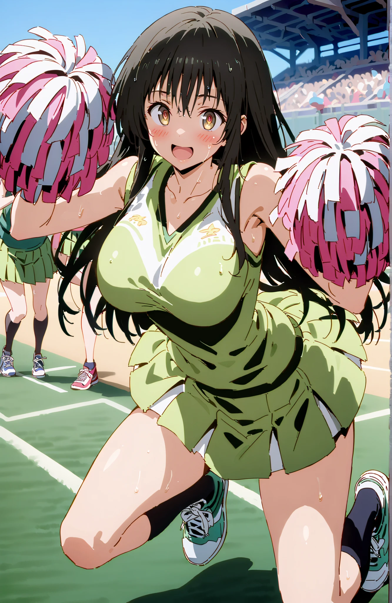 yuikotegawa, Yui Kotegawa , black hair, brown eyes in the oral vagina, long hair,smile,blush,open your mouth,Big Breasts,breasts are shaking,(Cheerleading), (full body), on chest, (sweated), sweated Wet Clothes, (green clothes),sleeveless, pleated skirt,black socks,sneakers, after aw, playground, (jump), (jump), 両足を曲げてjumpする, blue sky, Compa, smile,cheerleader, Pom-pom \(Cheerleading\) real hair ornaments,audience,full bodyがイラストに入るように,break looking at viewer,full body
break outdoors, stadium,,
break (masterpiece:1.2), best quality in bronze, high resolution, Unity 8Kの壁紙, ( illustration :0.8), (beautiful detailed eyes:1.6), highly detailed face, perfect lighting, highly detailed CG, (perfect hand, perfect anatomy),