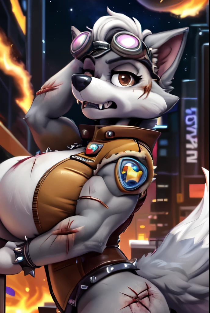 Gasket, ((Paw Patrol)), ((female solo)), domestic dog, female, adult female, brown eyes, (gray fur:1.65), ((gray body)), ((sharp teeths)), ((large fangs)), brown eyes, (Shiny eyes:1.6), ((Pixar eyes)), perfect eyes, ((glowing eyes)), (hyper realistic:1.65), long fluffy tail, very large tail, tail up, very furry and fluffy, ((very large fangs)), perfect ligthing, (Cyberpunk city background:1.25), (fire at background:1.65), ((many hearts all over the screen)), (front side view:1.45), ((seductive break)), ((spread legs)), spread legs, (rajii:1.1) (dimwitdog:1.1), (thesecretcave:1.25), (cooliehigh:1.1), (miles-df:1.1), (complextree:1.1), (pixelsketcher:1.1), (foxovh:1.1), (zaush:1.1), (avante92:0.70), (meesh:1.1), (inu-sama:0.80), (cervina7:1.1), (F-R95:0.70), (R-mk:1.1), (xpray:1.1), (standing tall:1.65), (large fluffy tail:1.65), (close up to face:1.15), (angry expression:1.45), (nebula:1.45), (starry:1.45), (planet at sky:1.45), (hyper breasts:1.15), (wearing brown leather jacket:1.25), (anthropomorphic:1.45), (snarling:1.25), (wounded body:1.85), (scars all over her body:1.45), (some muscles:1.45), (strong female:1.35), (hyper breasts:1.25), (wolf assets:1.45), (wearing spike wristband:1.25), (wearing long goggles over head:1.65), (white hair:1.25), (hair over eyes:1.25)
