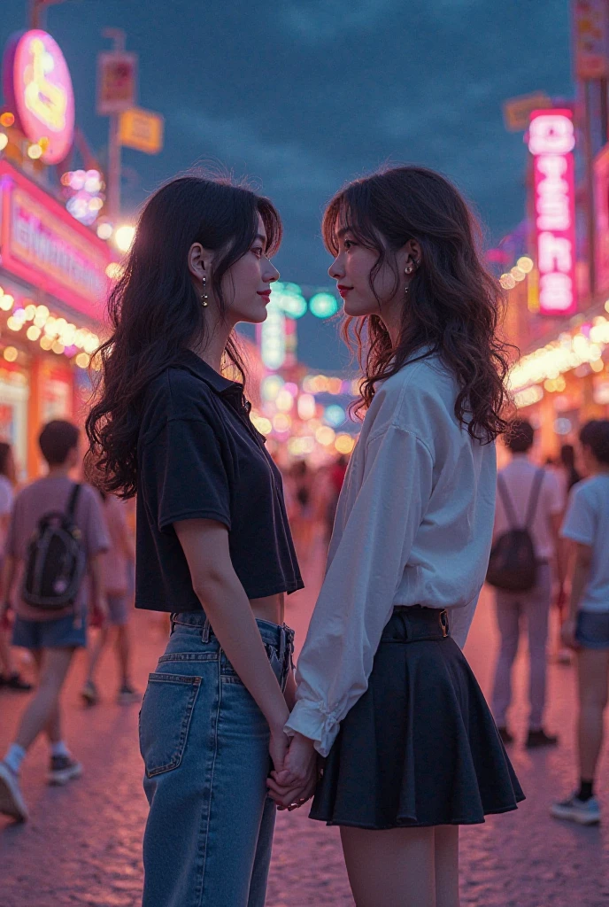  1. **Estilo:** Keep the line exactly as the reference provided.
2. **Scenario:** An amusement park at night, with vibrant lights and a cheerful atmosphere.
3. **Personagens:**
   - **Menina 1:** long hair, black and wavy; alta;  wearing jeans, a black top and white sneakers.
   - **Menina 2:** medium hair, dark brown and wavy; mais baixa; wearing a round black skirt, black top and All Star high top black.
   - **Menino:** Similarity to Jeongkook from BTS, But without slanted eyes , piercings or tattoos; wearing a white blouse,  white ; positioned deeper.
4. **Texto:** Include the title 'Same Passions' and the author 'laubrentan' on the cover.