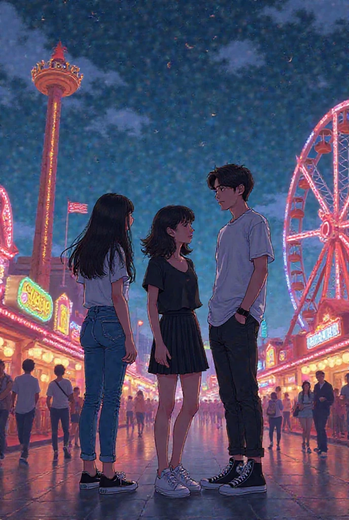  1. **Estilo:** Keep the line exactly as the reference provided.
2. **Scenario:** An amusement park at night, with vibrant lights and a cheerful atmosphere.
3. **Personagens:**
   - **Menina 1:** long hair, black and wavy; alta;  wearing jeans, a black top and white sneakers.
   - **Menina 2:** medium hair, dark brown and wavy; mais baixa; wearing a round black skirt, black top and All Star high top black.
   - **Menino:** Similarity to Jeongkook from BTS, But without slanted eyes , piercings or tattoos; wearing a white blouse,  white ; positioned deeper.
4. **Texto:** Include the title 'Same Passions' and the author 'laubrentan' on the cover.