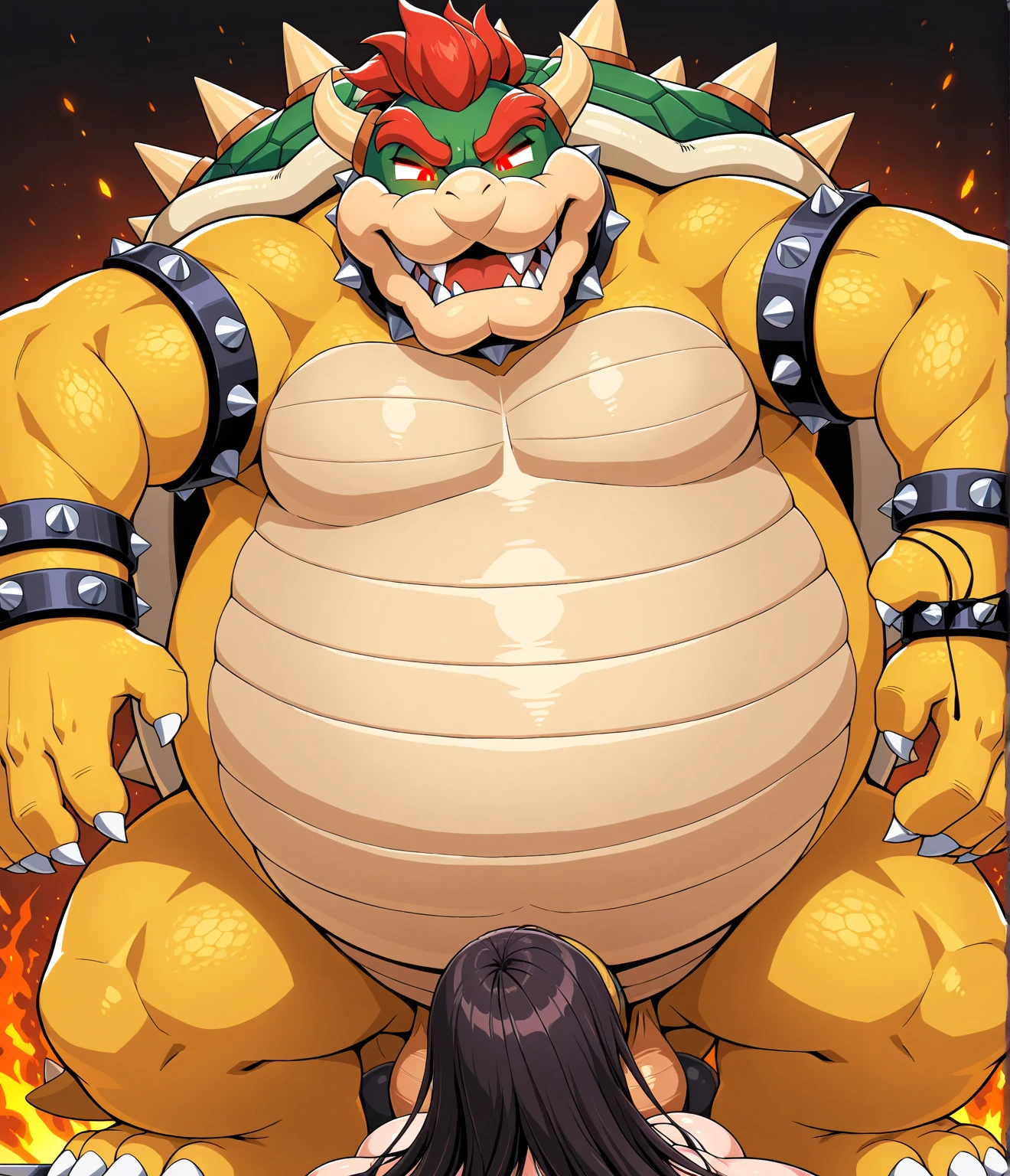 safe_pos, score_9, score_8_up, score_7_up, score_6_up, score_5_up, score_4_up, source_furry, hi res, bedroom, blurred background, particles, solo, Bowser, Spiked Bracelets, Spiked Collar, Spiky Shell, red eyes, looking at viewer, closed mouth, anthro, male, muscular, beefy, bara, big pecs, thick thighs, (big penis), saggy testicles
