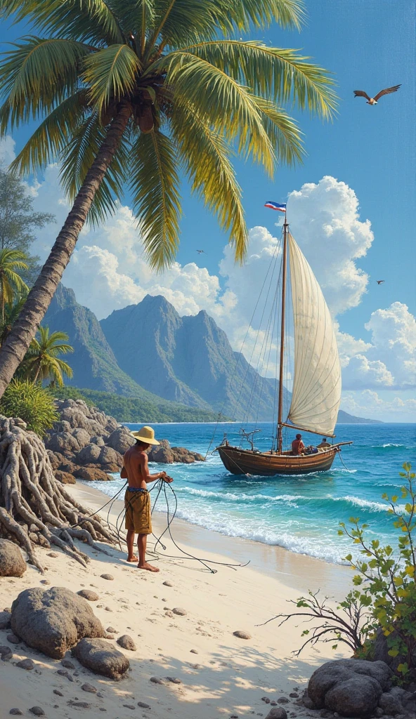 oil painting, lying near the roots of a beautiful coconut tree, A small wooden sailboat is visible from the side on the wide, white beach, A fisherman is preparing fishing nets and boat sails. Big, foamy waves crashing on the shore, with its white, soft sand, rocks and coral reefs on the beach. A vast ocean background with detailed blue mountain ranges, birds fly