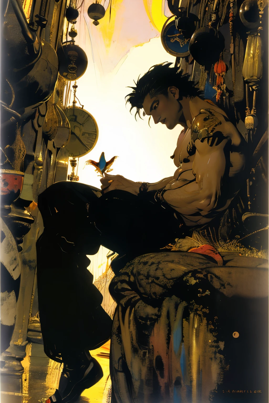an androgynous male bare chested glowing body and black hair is sitting resting elegantly in a clock tower of an art deco city, dark alley, sunlight shining down on him, there are exotic flowers around him, exotic birds and small beasts, golden hour, staring at the viewer with mysterious eyes, yoshitaka amano,