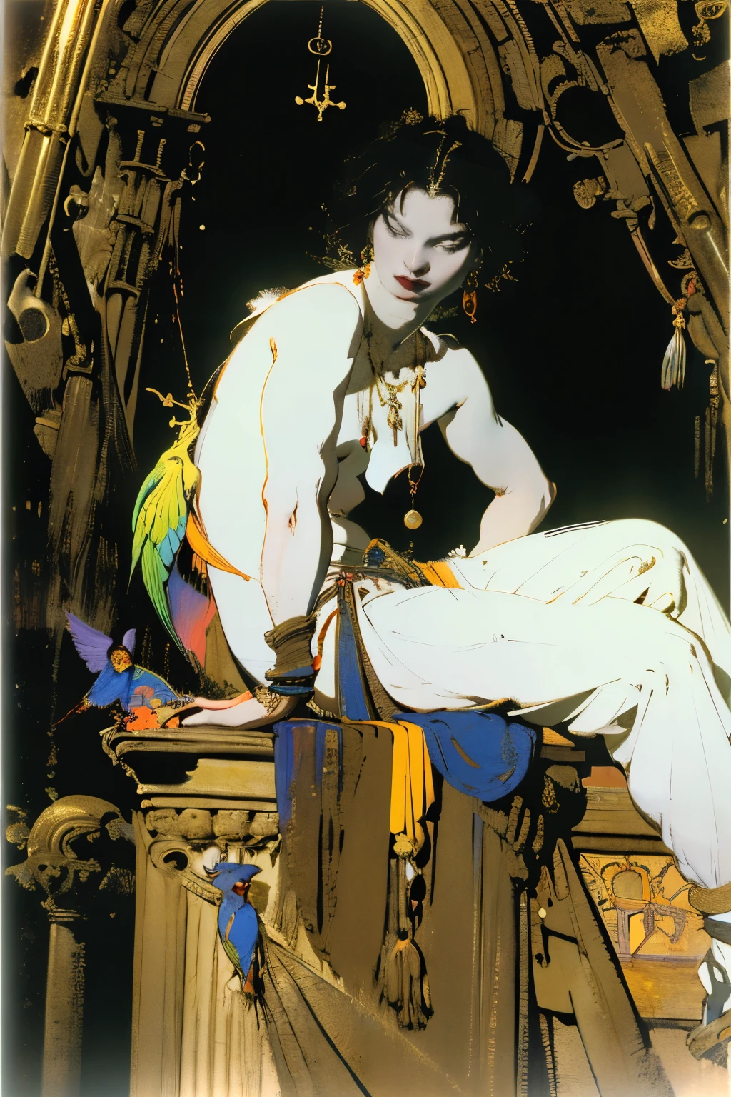 an androgynous male bare chested glowing body and black hair is sitting resting elegantly in a clock tower of an art deco city, dark alley, sunlight shining down on him, there are exotic flowers around him, exotic birds and small beasts, golden hour, staring at the viewer with mysterious eyes, yoshitaka amano,