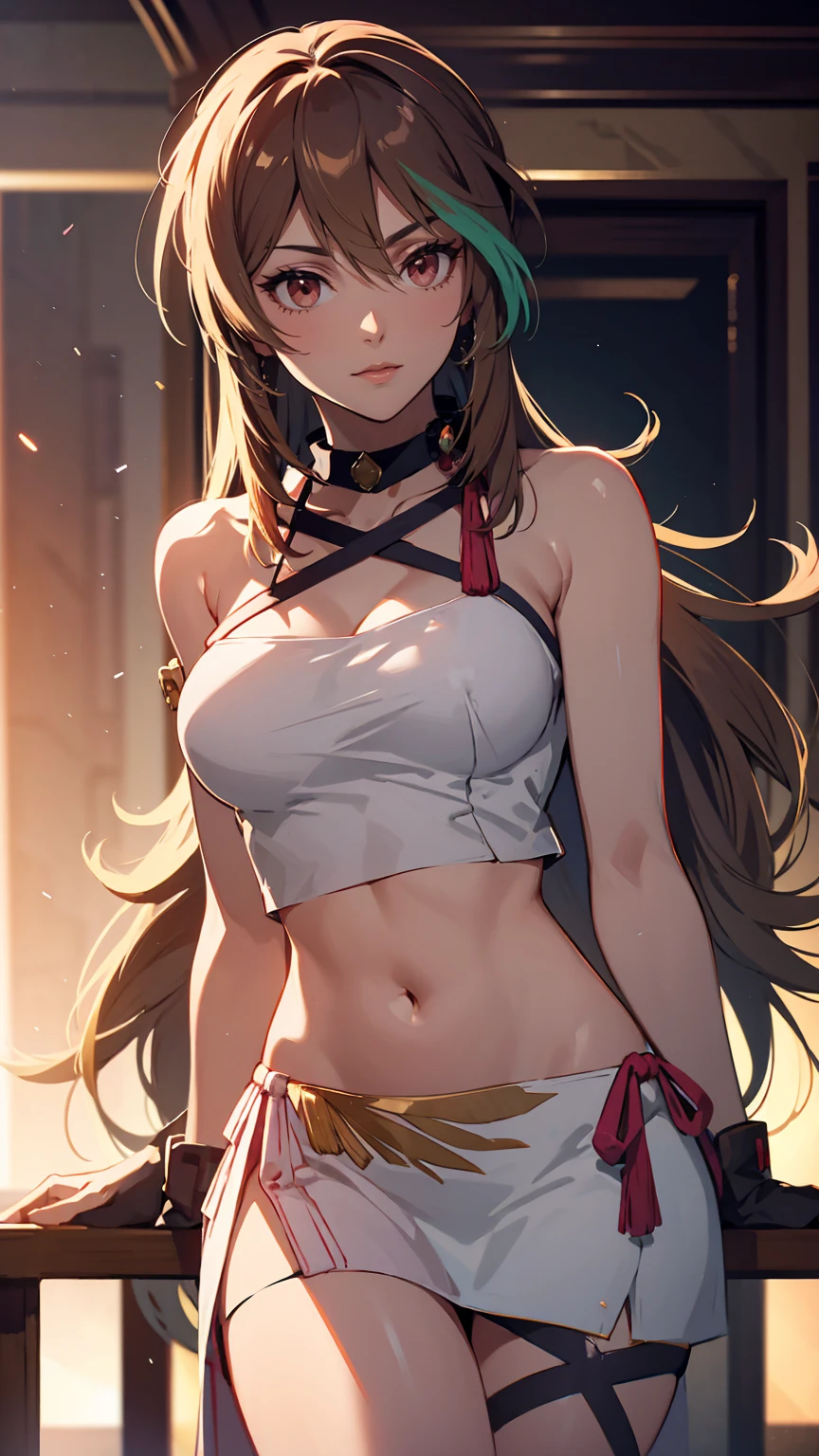 best quality, (masterpiece),(ultra-detailed), (high quality), (high resolution), <lora:professor_sada:0.7>, professor sada,navel, green eyes, detailed eyes, perfect faces, shorts, necklace,