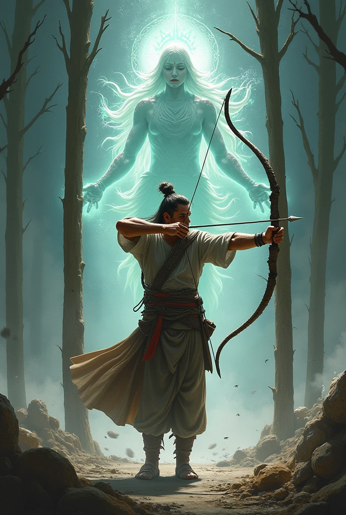 Create an image of an archer and behind him between the 3 sticks this God, The image that is animated please