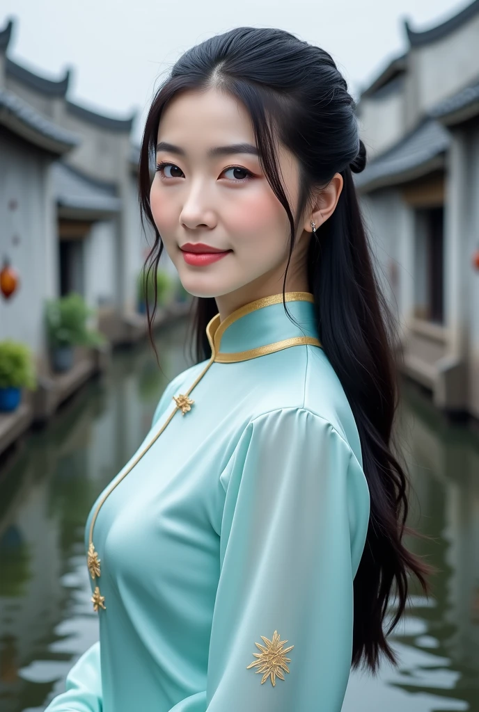 “In realistic portrait photography, a gentle Chinese woman is the focal point. Her face embodies typical Eastern beauty: curved willow-leaf eyebrows, bright and deep-set eyes, a small nose, and a rosy mouth. Her skin is fair and smooth, with a faint, reserved smile on her face, and her eyes exude gentleness and kindness. She has long, black, shiny hair and wears a light blue traditional qipao with delicate golden patterns on the collar and cuffs. The background features a Jiangnan water town with small bridges, flowing streams, and ancient buildings with white walls and black tiles arranged in an orderly manner. The overall color tone is soft, with natural lighting, delicately capturing the gentle temperament and classical beauty of Chinese women.”


