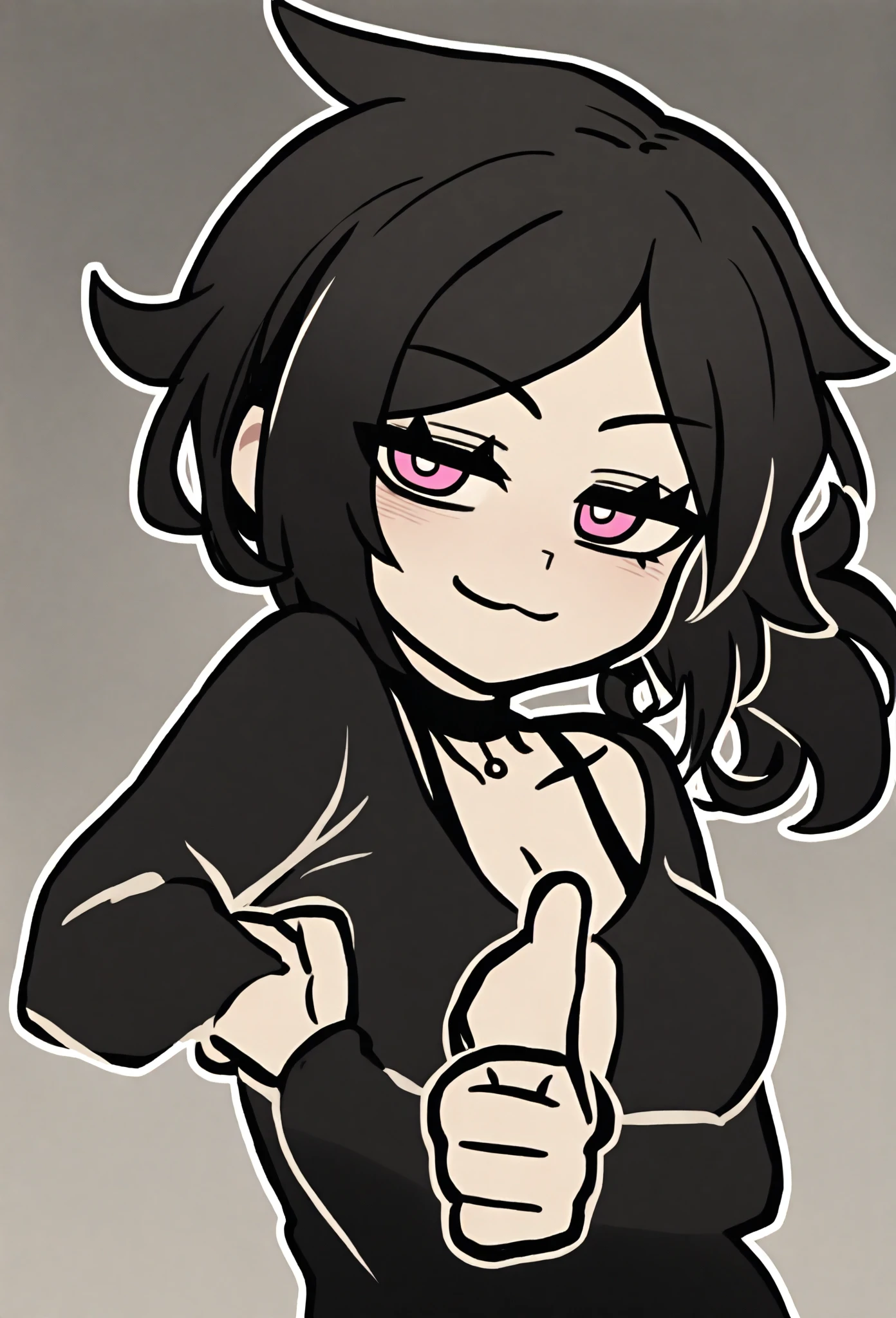 highres, ashleygraves, 1girl, solo, wide open eyes, pink eyes, low ponytail, white outline, monochrome, choker, indoors, smile, closed eyes, <3, cat ears, close up, thumb up, one hand, spoken heart, skin tight outfit, seductive, realistic, best quality, masterpiece, ultra detail, ultra high res, extreme detail, 8k