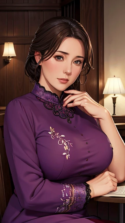 Beautiful mature woman, In a Colorful Gown, Relax in the cozy restaurant, Front view, Written by hand, Illustration Style, Detailed facial features, Very detailed, 8k, Realistic, Beautiful attention to detail, Beautiful lip detail, Very detailed顔, Intricate details, Warm color palette, Soft lighting, Digital Painting, masterpiece