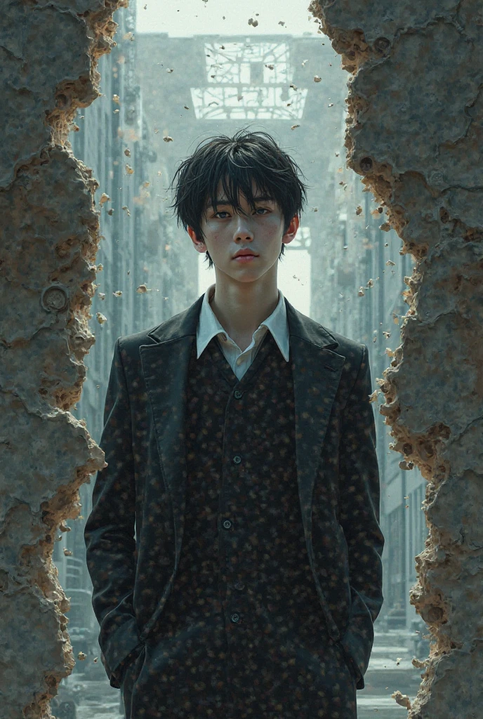 no I want the guy with black school uniform with black hair and with the school background with the tear like a hole in the reality connecting to other realm