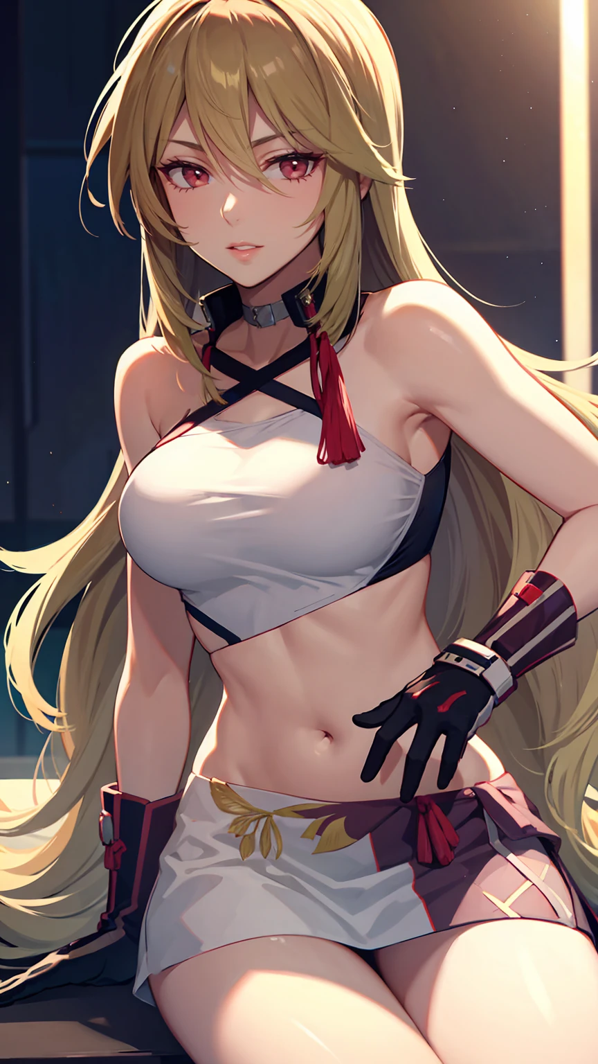 (8k), sharp focus, highres, 1girl, alice, upper body, arisdef, blonde hair, (sash, bow, hair band), Gigantic breasts, dress, (high quality:1.2), (high detail:1.2), (masterpiece:1.2), (extremely detailed:1.2), cleavage, muscular arms, muscular, very muscular, very muscular arms, large muscles, super muscular,angry, evil, smug, smirk, sharp teeth, vampire teeth, bare midriff, navel