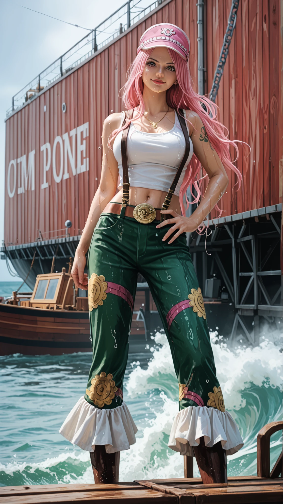 Hyper-realistic portrait of Jewelry Bonney from One Piece, full-body view, standing confidently in a gritty urban port setting. She wears her signature outfit: a cropped white tank top, olive green pants with suspenders, and a pink cap slightly tilted over her long pink hair. Her expression is bold and rebellious, with piercing eyes and a subtle smirk. Her hair flows naturally with wind, detailed with realistic texture and volume. Her skin has soft, natural tones with subtle shadows adding depth to her features. Tattoos and scars may be visible on her arms, enhancing her pirate identity. The background includes rusted ship parts, crates, and fog rolling across the dock, with dim golden-hour lighting casting dramatic shadows and highlights. The scene is filled with ambient dust, ocean mist, and subtle reflections on wet surfaces. Compose the image from a medium-low angle to emphasize her dominance and confidence, using natural cinematic lighting for added realism and depth.