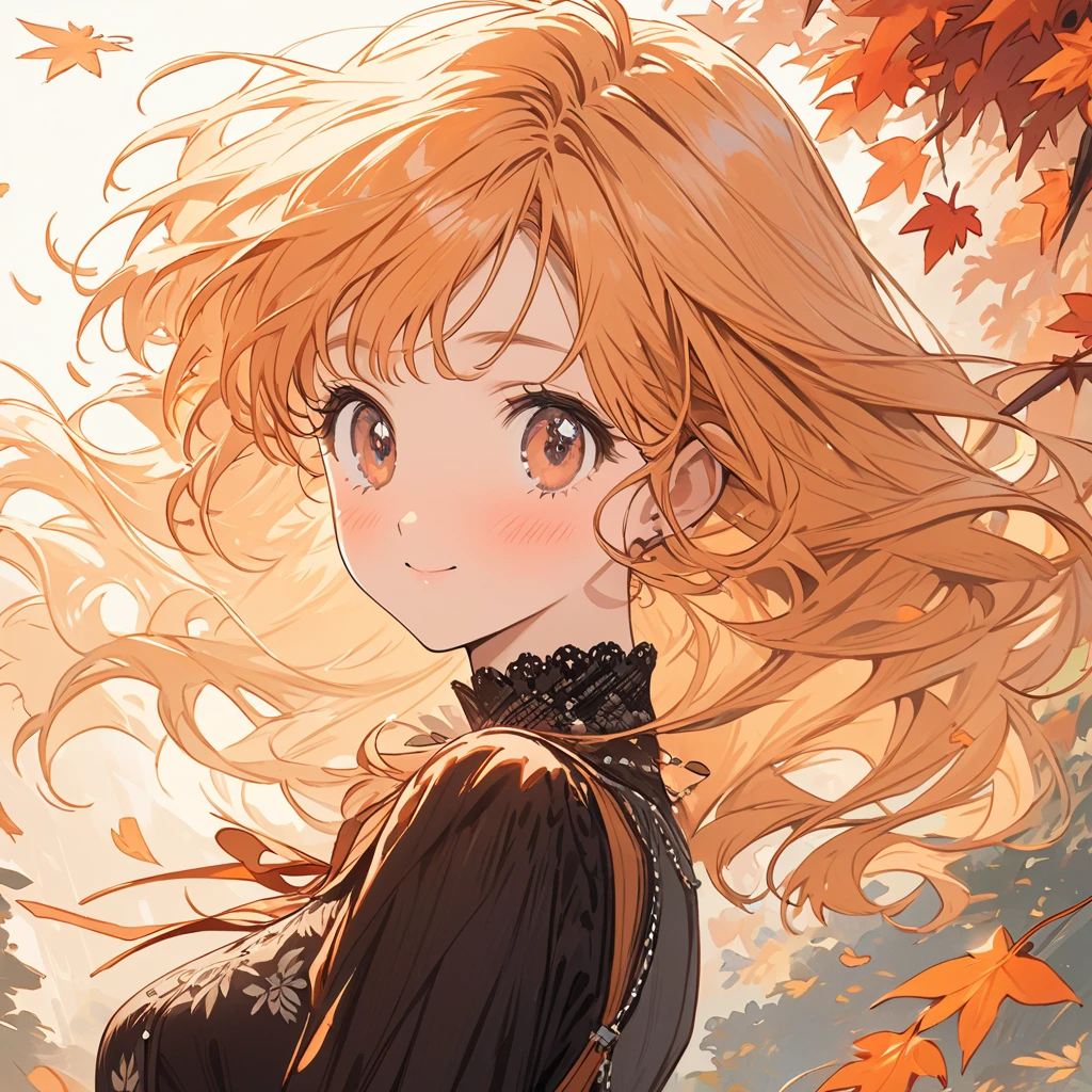 {{{masterpiece}}}, {{{top quality}}}, {{Ultra Details}}, {illustrations},２d、female、Light orange hair 、 perm、cute、 autumn leaves are dancing、 solo, 