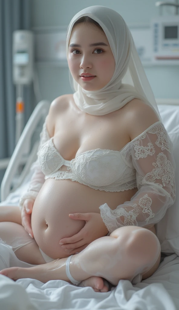potrait of pregnant women, 23 years old, beautiful face, long hair, wearing hijab and knit dress, very horny, riding vibrator, playing nipple until wet in the floor, climax, wet vagina, absurdres, RAW photo, extremely delicate and beautiful, masterpiece, Best Quality, ultra high resolution, 32k, hyperrealistic, ultra-detailed, perfect anatomy, perfect figure, super Detailed skin, Very detailed CG 8k wallpaper, pregnant, narrow waist, very small head, very small face, delicate facial features, earring, thin legs, (perfect breasts:1.3)