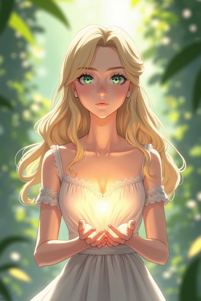 

Freya von Edelweiß is a young woman with dark blonde hair, long and wavy, greenish blue eyes and soft, fair skin. She wears cottagecore style dresses, delicate and frowny, in soft tones like white and light pink,  with lace details . She is a calm and empathetic person, with a strong bond with nature. She has the power to manipulate light and heal those around her. Despite its delicate appearance, she has great inner strength and a brave heart. The anime would be in a traditional 2D style, with artistic influences from Violet Evergarden and Your Lie in April, with a serene atmosphere and soft colors, highlighting the connection with nature and moments of introspection.



