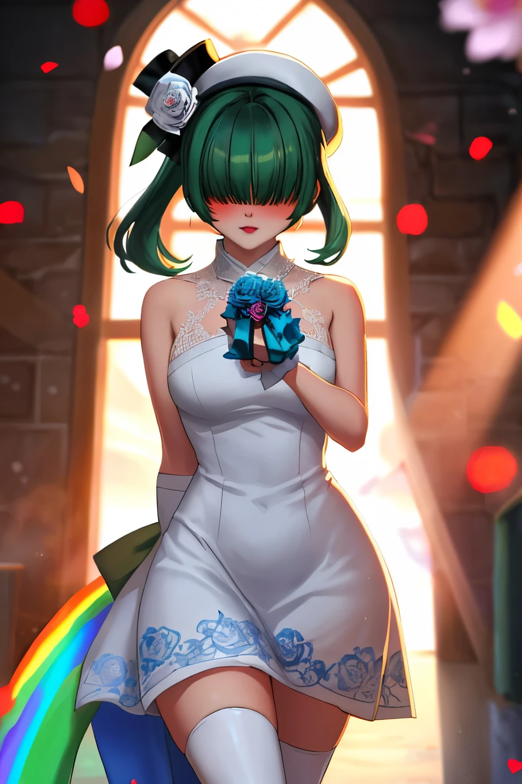 1 sexy anime manga girl, buxom, large breasts, long green hair with bangs covering her eyes, twin ponytails, anatomically_correct_fingers, she is wearing a (((white dress with blue rose pattern on it1.3))), blue gloves, white knee high stockings, tiny rainbow top hat, face blush, makeup, red lips, ((giving a gift wrapped present)), best quality, very detailed, dynamic posing, sparkle, god rays, shining light, Pixar, walking through a grand door, her hair is colored green1.4, fantasy epic game style, cherry blossoms floating