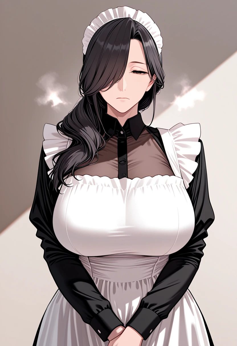 {{masterpiece}},high quality, 4K, 2D, 1 girl,{simple gray background},(attractive mature lady:1.7),milf,standing,sagging breasts,(gigantic breasts:1.4),maid,front face,{{tareme}},attractive mature lady,black hair, {from right in front of face and body},View viewers from front,{front facing shot},Wear glasses,(serious:0.1)