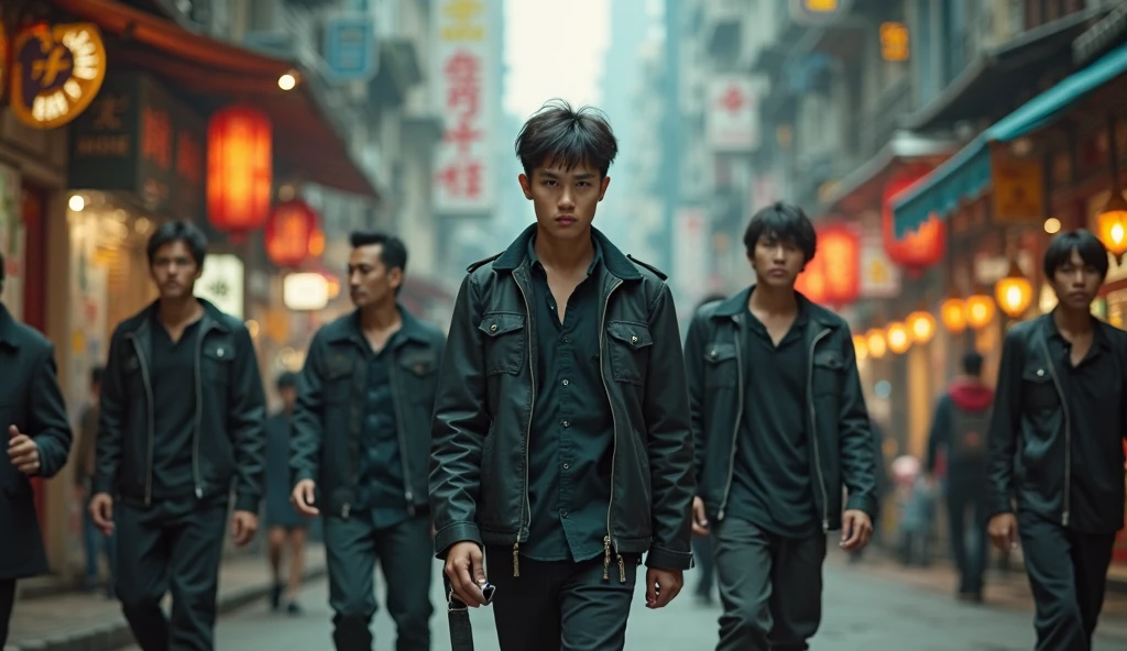 Vietnamese man dressed as gangsta walks down Hong Kong street , there is a group of gangsters following behind preparing to fight , super sharp , age 20 , there are many commuters in a hurry , film substances
