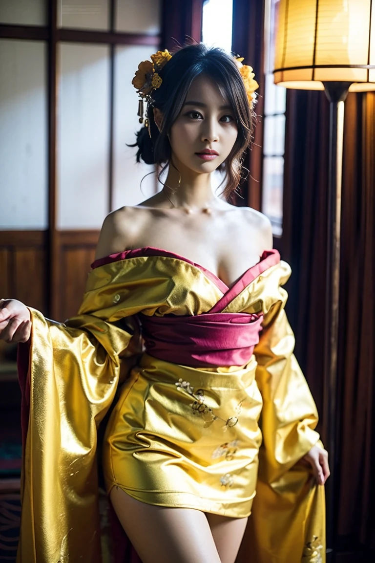 A beautiful Japanese woman is depicted in a vertical, anime-style portrait set in a rich, vibrant background filled with traditional elements. She is dressed in an elaborate, brightly colored kimono adorned with intricate floral patterns and detailed embroidery. The kimono is primarily red with accents of gold, blue, and green, creating a striking and opulent appearance. Her hair is styled in an elaborate updo, adorned with traditional hair ornaments and flowers, enhancing her elegant and regal presence.
The background is a lush, traditional Japanese setting filled with blooming cherry blossoms and ornate decor. On one side of the scene, a large red paper umbrella with white patterns is placed, adding a classic touch to the setting. Traditional Japanese lanterns cast a warm, soft glow, illuminating the intricate details of the woman's kimono and the surrounding decor. The background features a mix of vibrant flowers in red, pink, and green, creating a rich and colorful environment that complements the woman's attire.
The floor is covered with colorful, intricately designed fabrics and traditional tatami mats, adding texture and depth to the scene. The decor elements include golden screens and lacquered furniture, further emphasizing the traditional and luxurious atmosphere. The overall setting is reminiscent of a high-class oiran or courtesan's quarters from the Edo period, adding an element of historical elegance to the scene.
The lighting in the illustration is warm and inviting, casting gentle highlights on the woman's face and the folds of her kimono. The artist employs digital painting techniques to achieve a high level of detail and vibrant colors, particularly in the floral patterns on the kimono and the intricate background elements. The use of soft gradients and subtle brushstrokes adds a sense of depth and realism to the anime-style illustration.
The woman's expression is serene and composed, with large, expressive anime-style eyes that convey a sense
