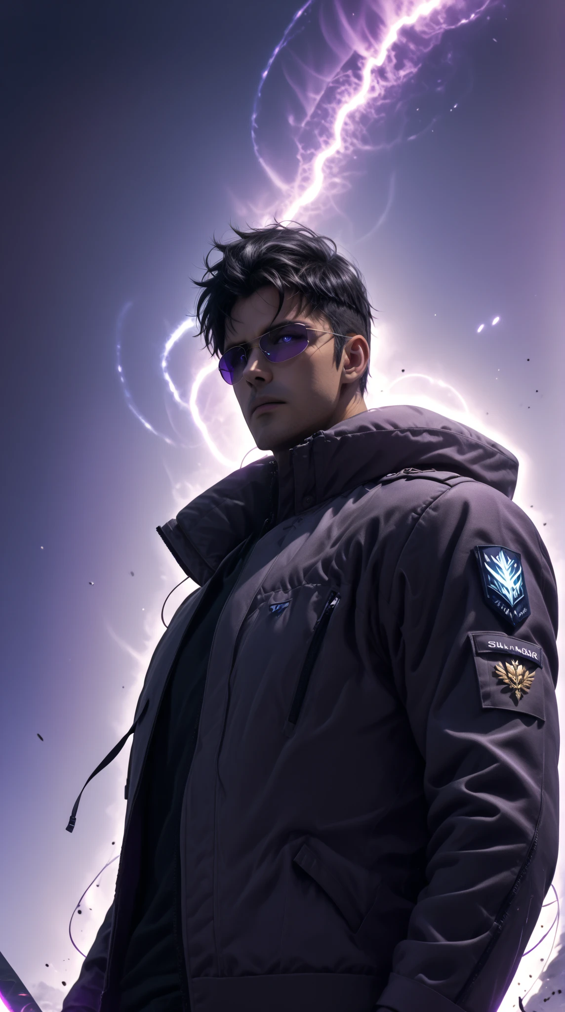 realistic anime style, ultra detailed male warrior with pale skin and sharp jawline, long messy black hair with violet-blue highlights, glowing white eyes filled with magical energy, standing confidently in a dark background, wearing a sleek black combat jacket with golden trims, dramatic aura swirling in shades of dark purple and violet, energy particles floating around him, faint shadow soldiers in the mist behind him, cinematic lighting from below, intense  expression, serious and powerful look, studio portrait, DOF, hyper realistic 8K, ultra sharp, epic composition, masterpiece, extremely detailed skin and hair texture, inspired by Sung Jin-Woo from Solo Leveling
