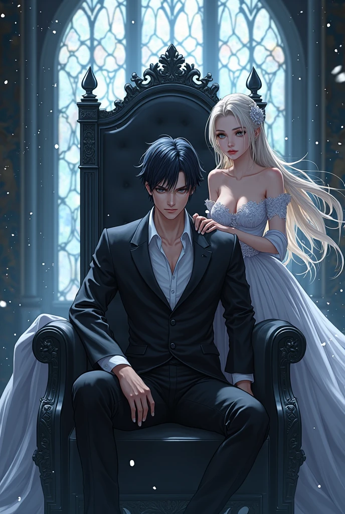 "High-quality anime-style scene. A handsome man with straight black hair, piercing black eyes and serious expression is seated on a black throne ornamented with silver details. He wears an elegant and dark outfit, with touches of royalty and power. Behind him, a stunning woman with long light hair and a flowing white dress, delicately embroidered with silver flowers, rests one hand on the back of the throne, looking at him with a serene expression protective. The environment is a dark and luxurious lounge, with stained glass in the background filtering a soft bluish light, creating a contrast between darkness and purity. There is a mystical and powerful atmosphere, with light particles floating in the air and soft shadows surrounding."