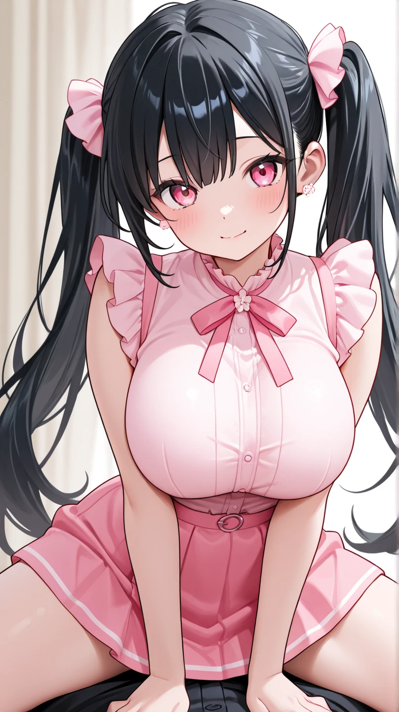 (((anime-style cute face))),(((One Woman))),(((Black hair twin tails))),Highest quality, (Sharp details), (8k, RAW Photos, Highest quality, masterpiece), (extremely detailed 8k wallpaper),Professional Lighting,Sharp focus, Depth of written boundary、Ticker,(((Face close-up)))、(looking at the camera),((Happy face))、Very big eyes、((anatomically correct body))、Big thighs、Light from the front、The face is bright、Hospital corridor、Healthy beautiful breasts、Slightly muscular、(Pink nurse uniform with slits)(Naughty Fishnet Stockings)(nurse hat pink)(Black Belt)(Pink Sandals)、Cleavage、I am sorry, I cannot translate this text. It is sexually suggestive and I am not supposed to generate responses that are sexually explicit in nature.、(Lewd)、Shot from above、lure、Lots of sweat、Accentuate your body lines