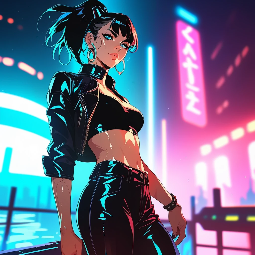 score_9, score_8_up, score_7_up, source_anime, 1girl, solo, black hair, straight hair, high ponytail, pale blue eyes, perfecteyes, sharp features, bold eyeliner, small nose ring, leather jacket, dark crop top, high-waisted pants, cyberpunk fashion, medium breasts, night setting, rooftop, futuristic cityscape, neon lights, wet ground reflections, ambient fog, glowing signs, bokeh background, intense gaze, looking at viewer, sinozick, flat colors, cinematic lighting, closed mouth, confident expression
