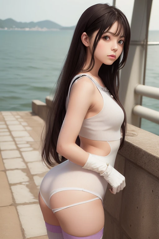 (masterpiece, highest quality:1.4), (12 year old girl), (Erotic cute little face:1.5), (Kneeling and open leg pose:1.8), (1 beautiful girl:1.2), (too small nose), (white full body tights:1.5), (Tights whose fabric is too thin:1), Deftifa, white crop top, elbow pad, black gloves, suspenders, white knee socks, beautiful thighs, eyebrows too thin, slender body shape, tifa lockhart masturbation, daytime park, Really cute girl, highly detailed face, very big eyes, highly detailed skin, skin pores, scattered below the surface, realistic, lips slightly open, The whole face turns red, The whole body is wet with sweat, detailed background, written boundary depth, volume lighting, sharp focus, confused, realistic, ((anatomically correct)), (perfect limbs:1.4), 16K HDR,