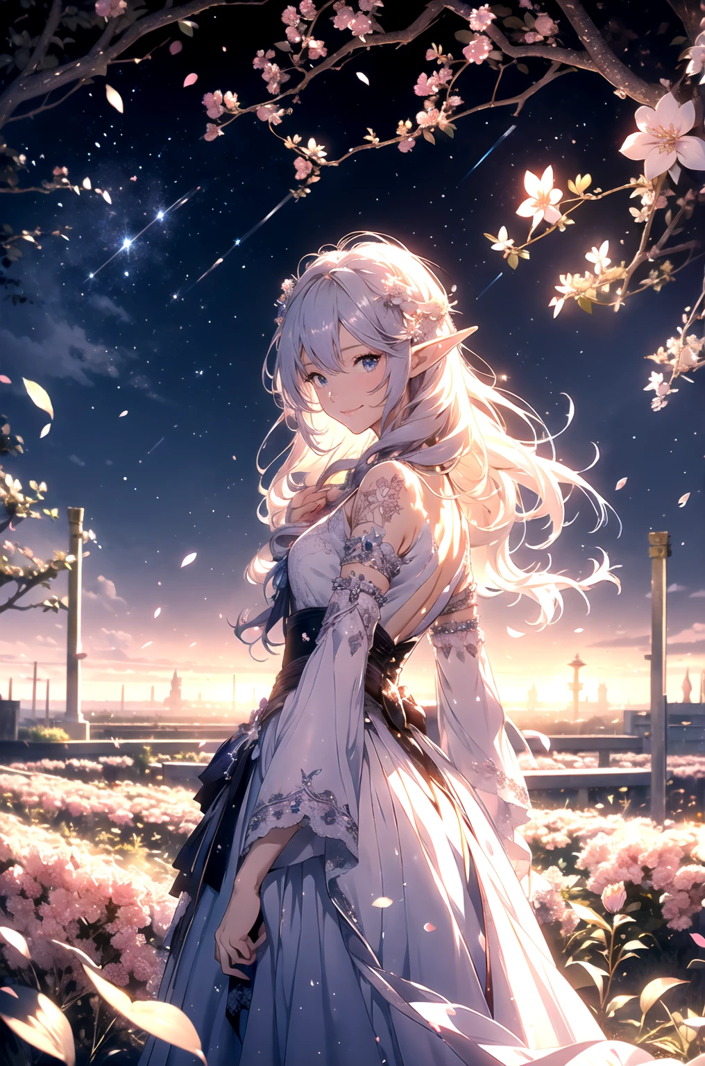 top quality　 mysterious 、(cowboy shot ) エルフ1 WOMAN cute smile！smile!   gentle gaze  ,  Beautiful Eyes 、elf ears、 胸囲130 美しい Beautiful Skin  、、  music 　Soothing Simple Lawn Composition              　flower、  beautiful starry sky　 courtyard　Beautiful Rose Hedge　　　　Many kinds of flowers　  Mr..々flower　 butterfly々　　　　Beautiful garden　、cherry blossoms　 petals　fun！　
Keep it simple      　 beautiful brilliance 、long silver hair、The strongest beautiful decorative flower白 dress、  A calm atmosphere   、   petals、  open 、  Beautiful young body 、  big 、Beautiful Skin,  、beautiful brilliance,  high definition depiction  ,                              Realistic Fantasy Romanticism ,, ultimate beauty　moving！high resolution, 