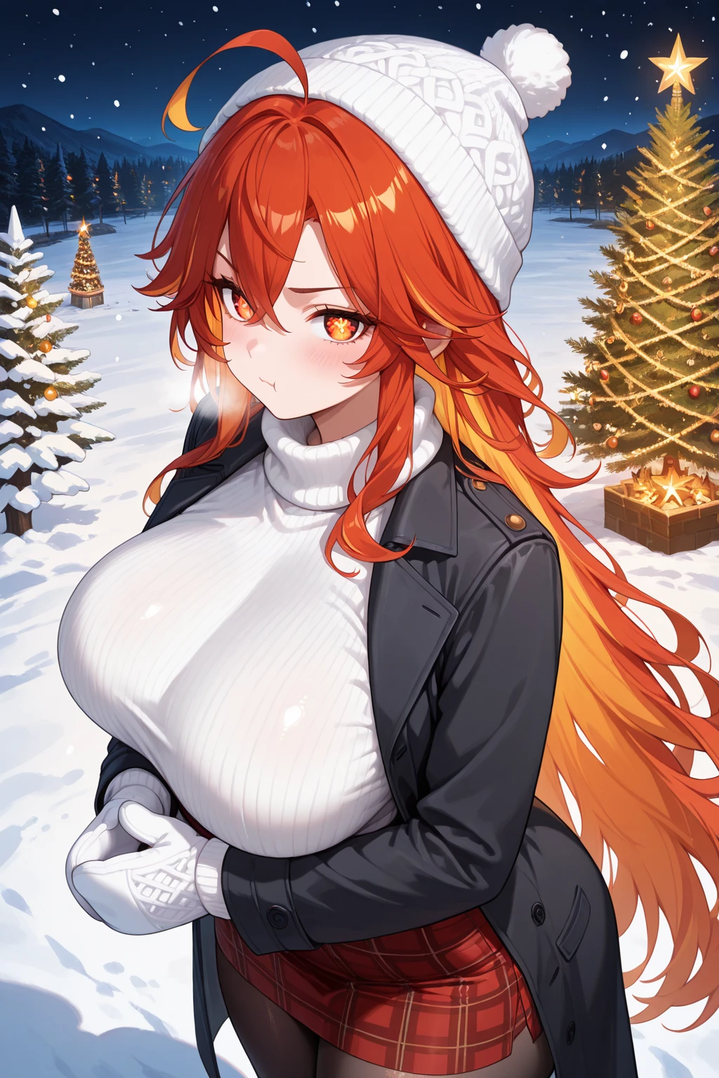 anime girl, 1 person, ginger hair, long ginger hair, green eyes, big breasts, stockings, licking lips, small black wings on back, solo, front view, falling snow, Christmas gift box, Christmaull HD 4K+ image)"