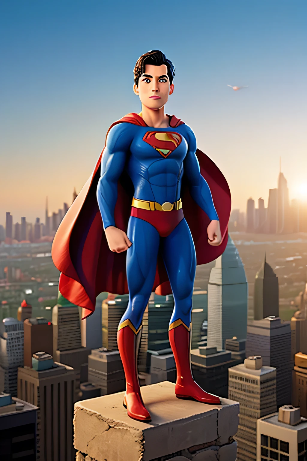 A 3D Disney Pixar movie poster featuring the character Superman, a strong man, wearing blue clothing, red briefs over his pants, a red cape, flying over the city of New York.