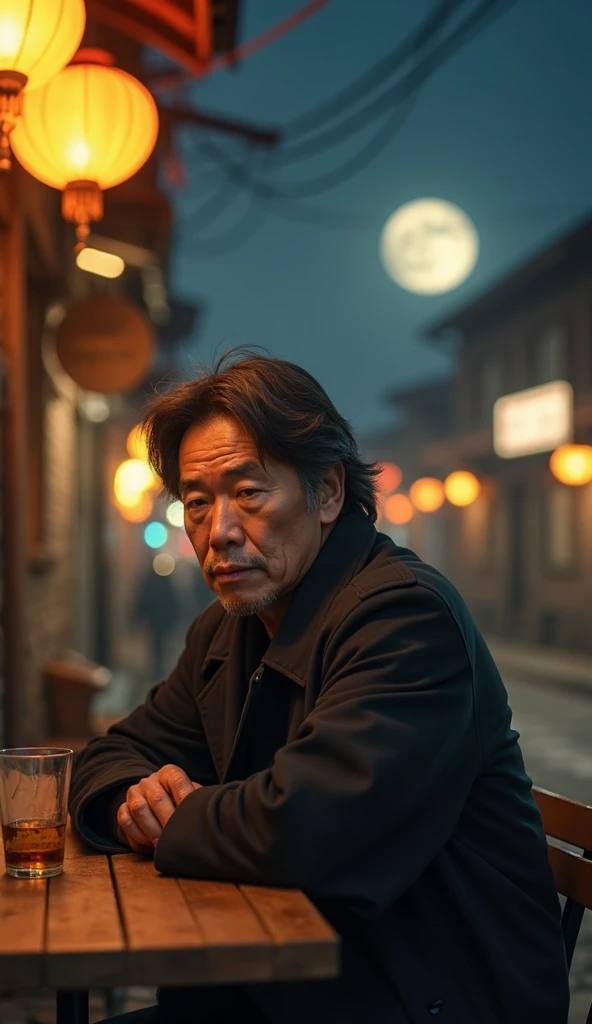 A Chinese middle-aged man with wavy medium-length hair and slight stubble, melancholic eyes and defined facial features. He wears a black trench coat and sits at a wooden table outside an old, nostalgic street-side bar. 9:16 vertical frame, he is centered lower in the image, holding a glass cup in his left hand, looking down in thought. The background features a quiet night street with warm yellow lights and cold moonlight. The atmosphere is  and emotional, with a mix of realistic and Chinese poetic style. Ideal for AI lip-sync singing video.