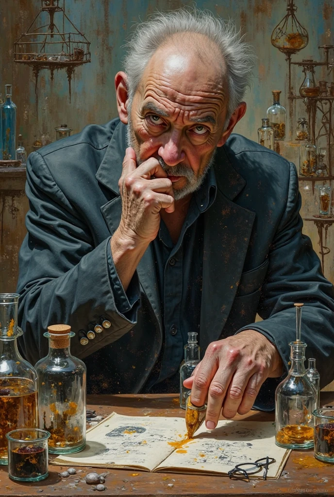 Francis Bacon, with a decisive gesture, reaches out to a series of experimental instruments: bottles, magnifying glasses and graphics. In the background, you can see scenes of miniature experiments.​