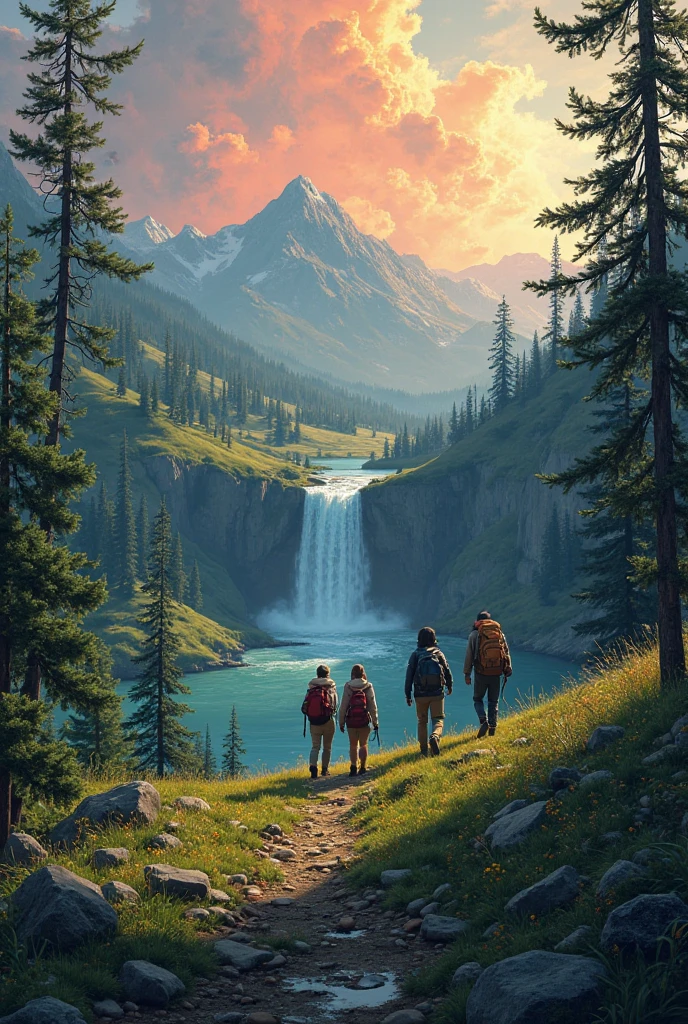 A realistic digital painting showing three hikers walking along a forest hill  . The background features a realistic sky transitioning from deep  to warm  and soft gold. grass-capped green hills, hills should some green vibes, two big waterfall cascades into a calm lake, and the landscape is framed with minimal greenery and no prominent foreground trees, right and left side from frame should use tree. The scene conveys peaceful adventure and natural beauty under a colorful dark sky.