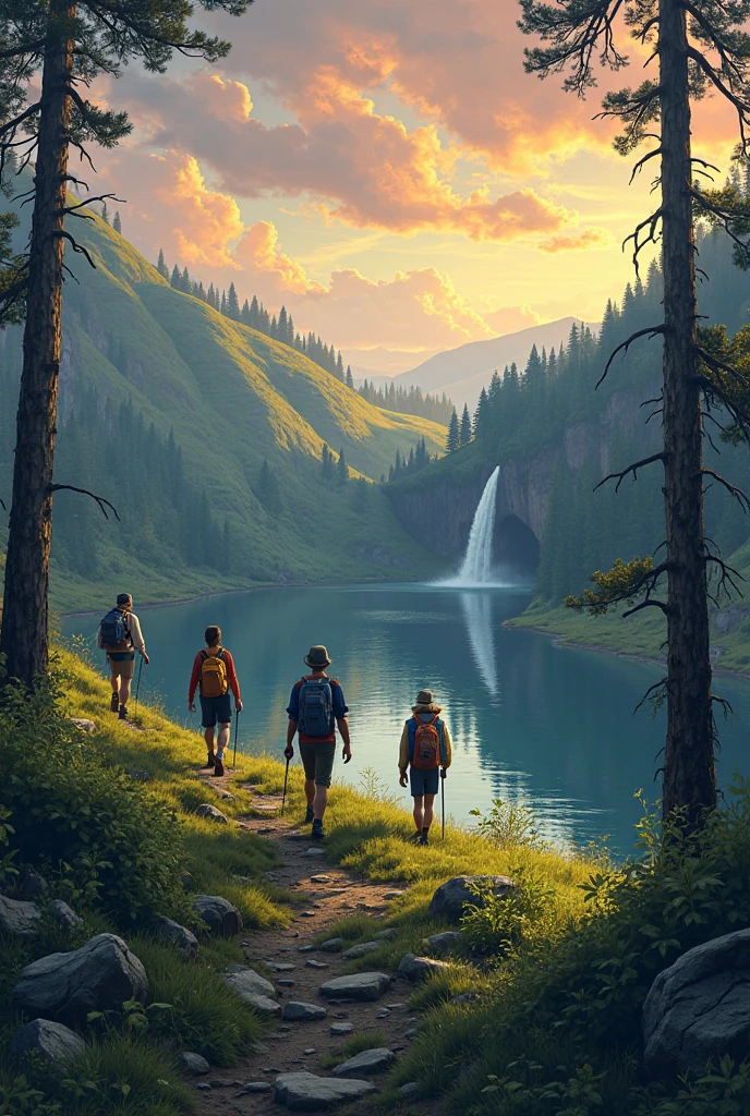 A realistic digital painting showing three hikers walking along a forest hill  . The background features a realistic sky transitioning from deep  to warm  and soft gold. grass-capped green hills, hills should some green vibes, two big waterfall cascades into a calm lake, and the landscape is framed with minimal greenery and no prominent foreground trees, right and left side from frame should use tree. The scene conveys peaceful adventure and natural beauty under a colorful dark sky.