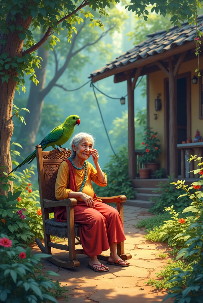 A very clear ultra HD dynamic image of " Guddi Dadi lived in a small house near the forest.Her best friend was a little green parrot.