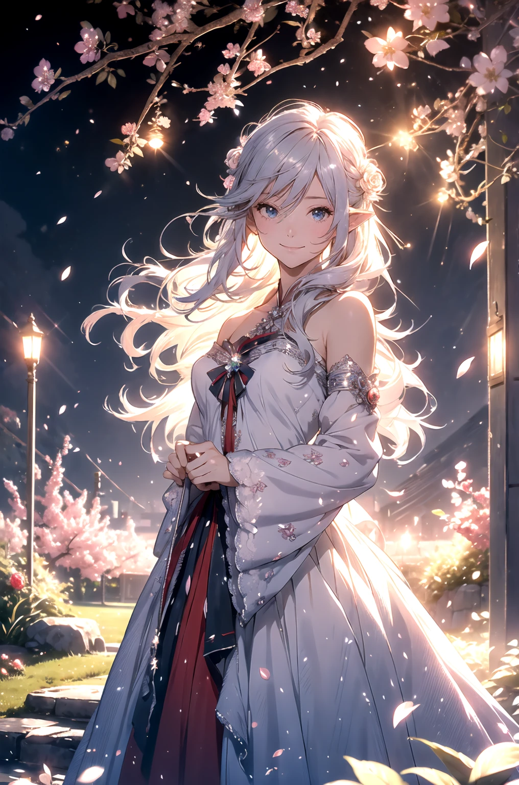 top quality　 mysterious 、(cowboy shot ) エルフ1 WOMAN cute smile！smile!   gentle gaze  ,  Beautiful Eyes 、elf ears、 胸囲130 美しい Beautiful Skin  、、  music 　Soothing Simple Lawn Composition              　flower、  beautiful starry sky　 courtyard　Beautiful Rose Hedge　　　　Many kinds of flowers　  Mr..々flower　 butterfly々　　　　Beautiful garden　、cherry blossoms　 petals　fun！　
Keep it simple      　 beautiful brilliance 、long silver hair、The strongest beautiful decorative flower白 dress、  A calm atmosphere   、   petals、  open 、  Beautiful young body 、  big 、Beautiful Skin,  、beautiful brilliance,  high definition depiction  ,                              Realistic Fantasy Romanticism ,, ultimate beauty　moving！high resolution, 