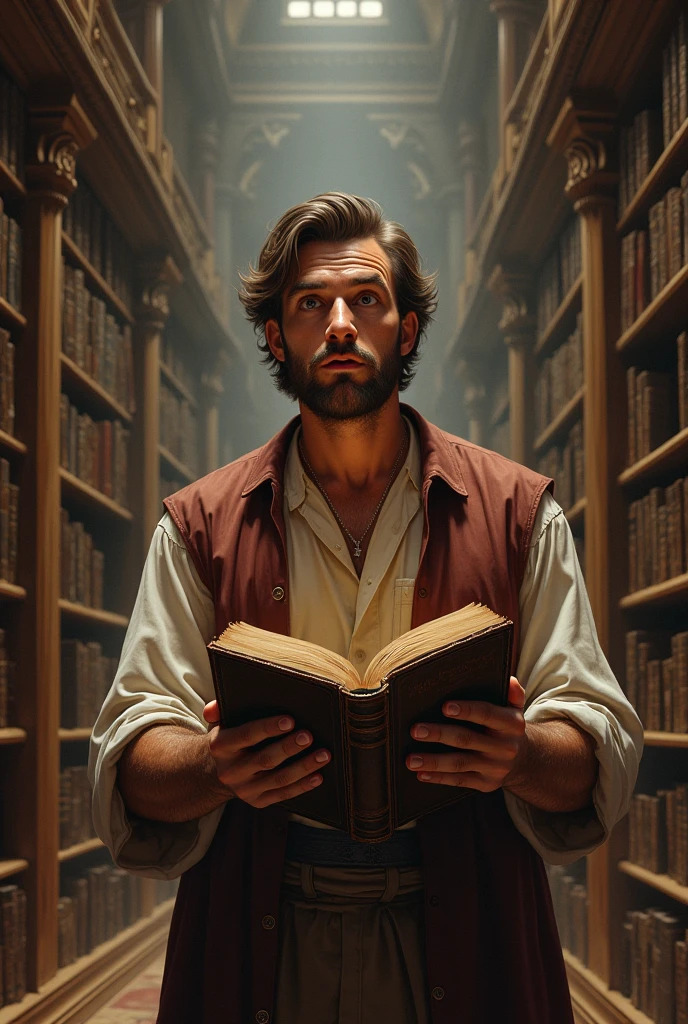 Man on a library suprised while holding the book of knowledge