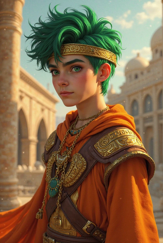 Okay Kanaan is the prince of Zeboim the youngest of three brothers (he is not destined for the Crown) his hair attracts attention because it is green , his green eyebrows are also He is 20 years old and looks younger ,  is thin  , I look mischievous and a little cold,  mocking smile,  Socarrona measures 1:60 his weapon is a Russian and Babylonian mangual,  with a chain that wraps around his arm . His eyes are emerald green his hair is Very messy wavy covers his ears , his fingers are dyed with an earthy red dye he has a gold bracelet with letters in the language of Zeboim ( a mixture of Hebrew , he invents) he has a tiara that adorns his lush hair is golden with golden bay leaves his clothes are orange with leather applications on the chest as protection with gold buckles his clothes rescue ancient Babylon and Persian I would like this image on a terrace of the Zeboim palace where part of the city could be seen using the greatness of Babylon as a reference,  his hanging gardens and what you would like to always replicate from fantasy with this realistic and cinematic style

