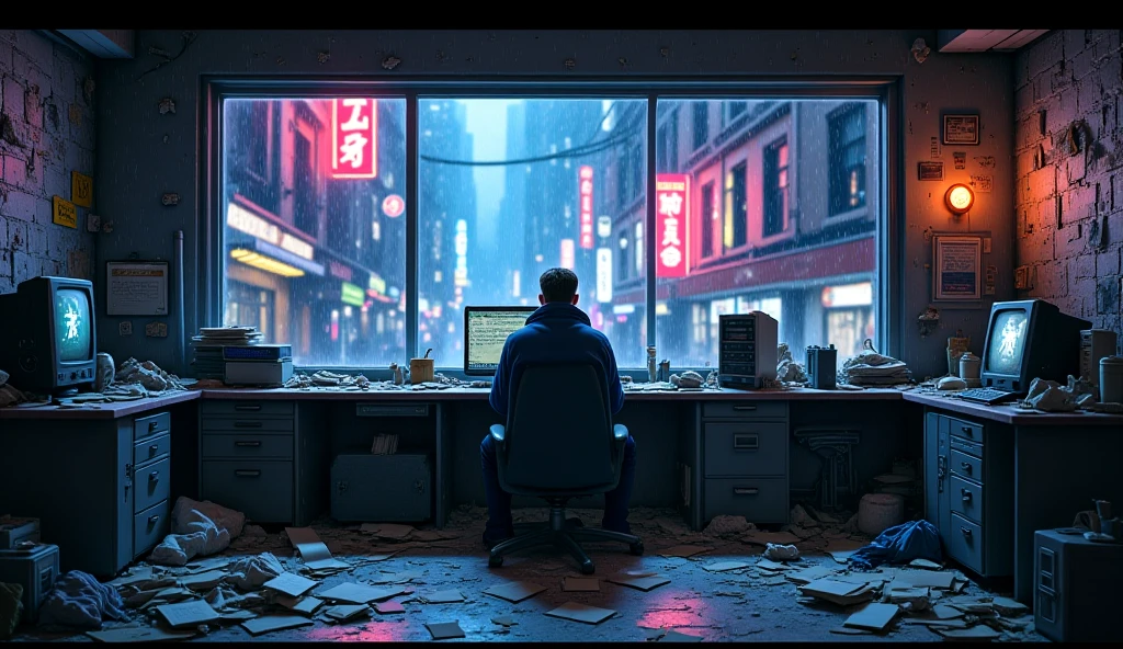 A futuristic detective's office, everything is messy, scattered papers, Some computer, clothes on the floor.  there is no person . It's a dilapidated place. Through the window there is a narrow street, with neon signs and a cyberpunk atmosphere. It's dark outside and it's raining.high details, Wide Shot, , anime style, 