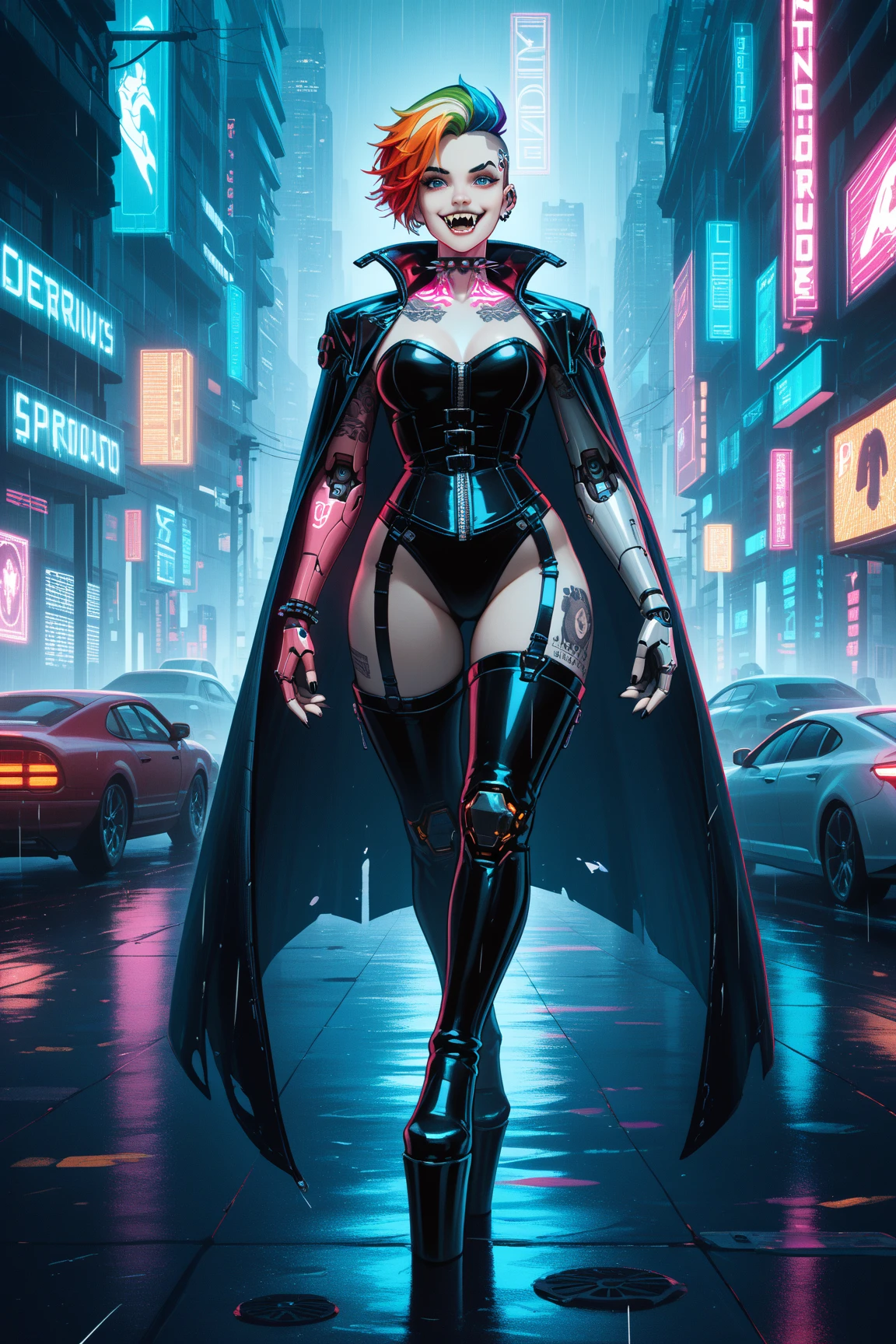 beautiful cyberpunk vampire. night, neon, volumetric light, high dynamic range